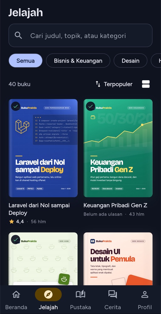 Layar Jelajah aplikasi BukuPraktis, tampilan gelap
