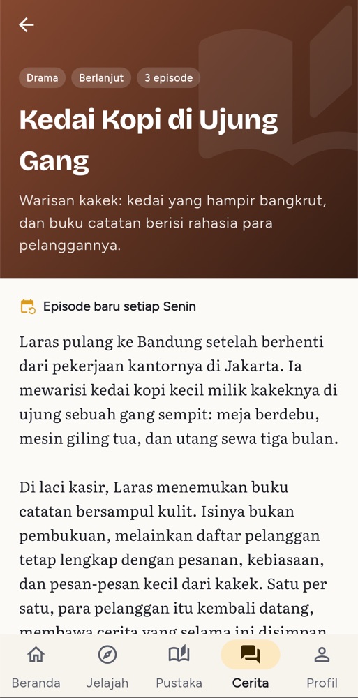 Layar Cerita aplikasi BukuPraktis, tampilan terang