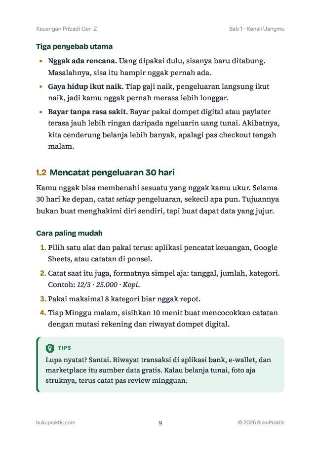 Contoh halaman Keuangan Pribadi Gen Z