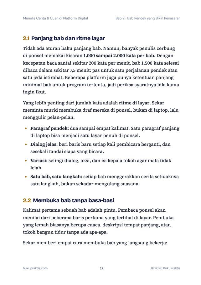 Contoh halaman Menulis Cerita & Cuan di Platform Digital